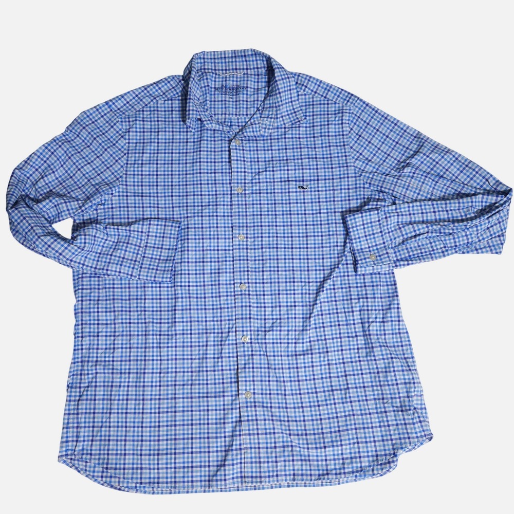 Vineyard Vines On-The-Go Performance Gingham Shirt Blue White Men XL Long Sleeve